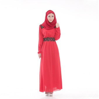 Aooluo Chffon O-Neck Long Sleeve Double layer Big Swing Dress Retro Women's Robes (Red)  