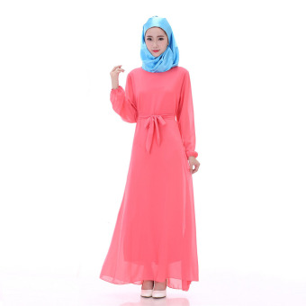 Aooluo Design Summer Women's Muslimah Wear O-Neck Long Sleeve Chiffon Sweet Dress (Watermelon Red) - intl  