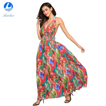 Aooluo New Sexy Women Beach Prom Backless Halter Bandage Floral Print Long Maxi Dress (Red) - intl  