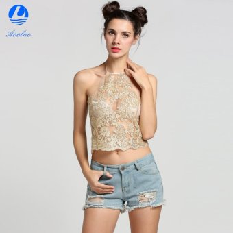 Aooluo New Sexy Women Halter See-through Mesh Embroidery Backless Tank Crop Tops (Gold) - intl  