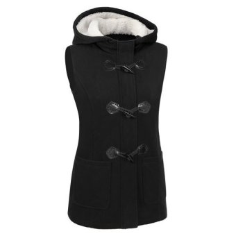 Astar ANGVNS Women Sleeveless Wool Blend Fleece Outwear Hooded Horn Fasten Pure Color Loose Vest Coat(Black)  