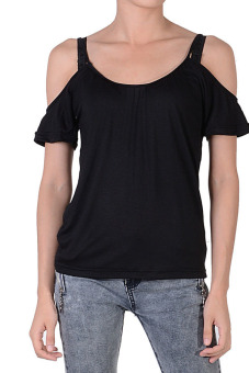 ASTAR Batwing Short Sleeve Off Shoulder T-Shirt (Black)  