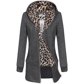 Astar Meaneor Women Hooded Fleece Leopard Pattern Zip Long Outwear Hooded Jacket ( Grey )  