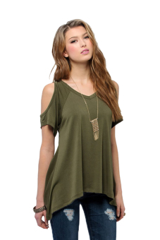 ASTAR Short Sleeve V-Neck Off Shoulder T-Shirt (Green)  