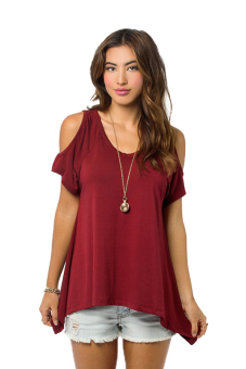 ASTAR Short Sleeve V Neck Off Shoulder T Shirt (Red)  