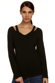 Astar Women Long Sleeve Shoulder Slit Casual T-Shirt (Black)  