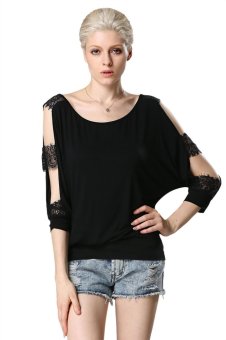 Astar Women Loose Batwing Hollow Out Sleeve T-shirt (Black)ï¼ˆï¼‰  