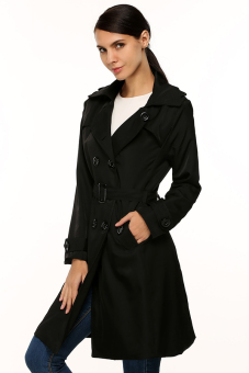 Astar Zeagoo European Women Lady Casual Double Breasted Long Dust Coat Windbreaker Trench Overcoat with Belt ( Black )  