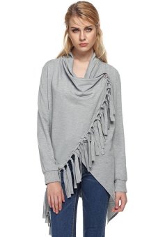 ASTAR ZEAGOO Fashion Lady Women's Folded Collar Long Sleeve Tassels Irregular Tops Long T-shirt (Grey)ï¼ˆï¼‰  