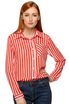 ASTAR Zeagoo Women Lapel Long Sleeve Lapel Single Breasted Loose Vertical Stripe Casual Chiffon Shirt Blouse Top ( Red and White )  