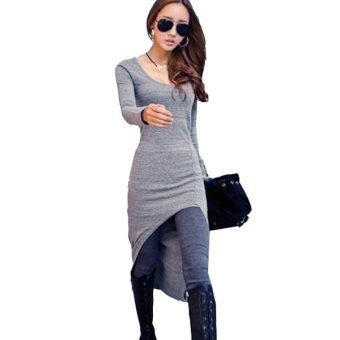Autoleader OL Sexy Slim Women New Fashion Dress Irregular Hem Long Sleeve Gray  