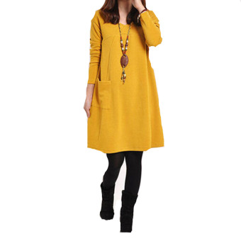 Autoleader V-Neck Tops Women Long Sleeve Pockets Loose Casual Cotton Pregnant Mini Dress (Yellow)  