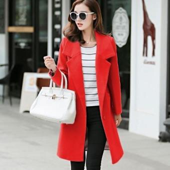 Autumn and winter women's slim fit Wool coat Korean Style Lapel Long sleeve Casual Jacket Outwear Fashion Wool Blazer-Red - intl  