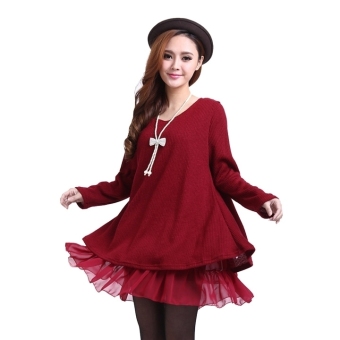 Autumn Fashion Women Dress Pregnant Long Sleeve Knit Wool Bowknot Tops Mini Loose Dress-3 Colors-wine red-L - intl  