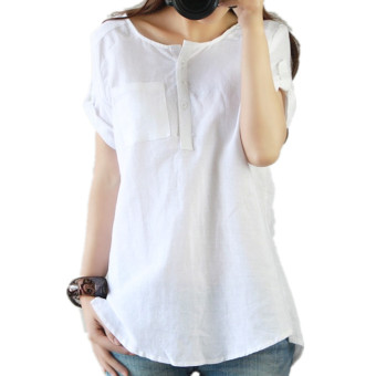 Autumn New Cotton Round Collar Short Sleeve Shirts T-shirt Tops Blouses White - intl  