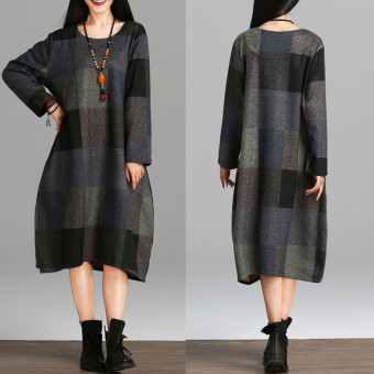 Autumn New ZANZEA Women Plaid Printed Dresses Ladies Long Dress Vintage Long Sleeve O-Neck Casual Loose Vestidos (Grey Check) - intl  