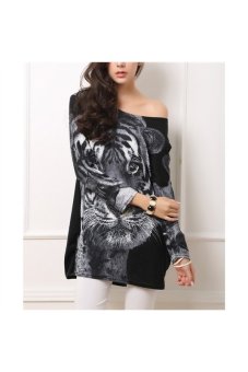 Autumn Women's Ladies Tiger Pattern O-Neck Long Sleeves Soft Flannel Loose T-shirt Dress Top - One Size Grey  