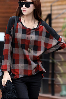 AZONE Autumn Women Girl Loose Batwing Sleeve T-Shirt Plaid Pattern Shirts (Red) - intl  