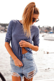 Azone Casual Loose Round Neck Long Sleeve Stripe Stretch A-Line T Shirt Tops (Blue) - intl  