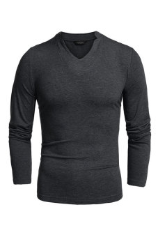 Azone COOFANDY Men Long Sleeve V-Neck Pure Color Cotton Stretch Loose Casual Basic Tops T-shirt (Grey)   