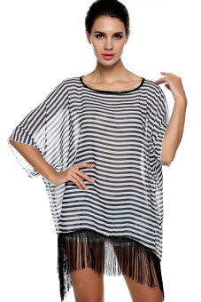 Azone Fashion Women's 3/4 Sleeve O-neck Stripe Chiffon Long Loose Tassel Blouse Shirt Top - Intl - intl  