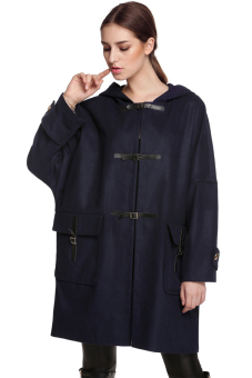 Azone Finejo Women Long Coat Long Sleeve Loose Casual Buckle Pockets Hooded Outwear Coat Plus Size (Blue)  