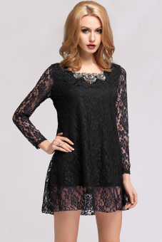 Azone Lady Long Sleeve Floral Lace Casual Mini Dress (Black) - intl  