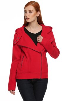 Azone Meaneor Women Fashion Hooded Zipper Wool Blend Warm Casual Solid Coat (Red)   