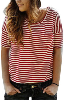 Azone Stylish Ladies Women Casual Round Neck Back Heart Shape Hollow Stripe T-Shirt Tops (Red)   