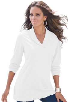 Azone V-Neck Long Sleeve Casual Loose Solid Stretch Tops (White)     