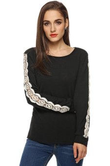 Azone Women Casual Long Lace Sleeve Loose T-shirt (Black)     