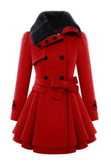 Azone Women Casual Long Sleeve Faux Fur Lapel Double-Breasted Thick Wool Coat (Red)   