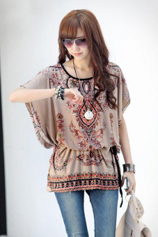AZONE Women Casual Round Neck Blouse Loose Print Batwing Sleeve Tunic Blouse Tops (Grey) - intl  