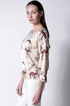 Azone Women Elegant Floral Print Blouse O-neck 3/4 Sleeve Tops Casual Shirt OL (Beige)  