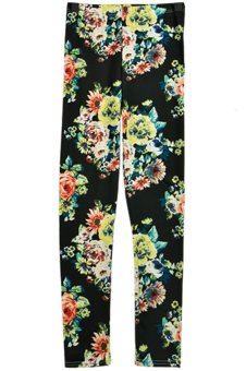 Azone Women Soft Color Flora Print Twill Flap Skinny Ninth Leggings Pants (Black)   