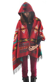 AZONE Women Wool Blend Ethnic Print Blanket Cloak Poncho Cape (Red)  