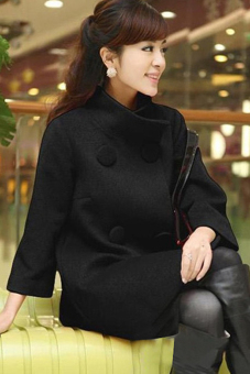 Azone Women's Cloak Type Stand Collar Double-breasted Worsted Coat Tweed Winter Coat Jacket(Black)  