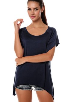 Azone Women's Fashion Casual Irregular Solid T-Shirt Navy Blue     