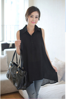 AZONE Women's Fashion Sleeveless Lapel Collar Loose Long Casual Shirt Black - Intl - intl  