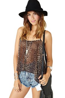 Azone Women's Girl Irregular Leopard Chiffon Hollow Back Cross SPaghetti Straps Tops Blouse M L XL   