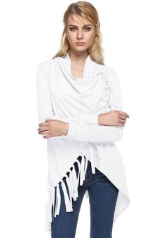 Azone ZEAGOO Fashion Lady Women's Folded Collar Long Sleeve Tassels Irregular Tops Long T-shirt (White)   