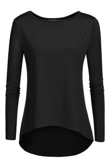 Azone Zeagoo Women Casual O-Neck Patchwork Long Sleeve Irregular Hem Stretch Blouse Tops (Black)   