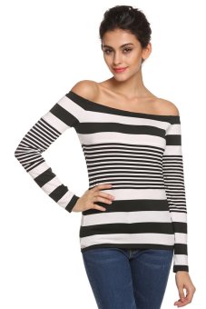 Azone Zeagoo Women Lady Long Sleeve Off Shoulder Stripe Slim Top Casual T-Shirt (Black + White)   