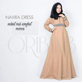 Baju Original Navira Dress Gamis Velvent Mix Songket Gaun Pesta Panjang Baju Hijab Terusan Pengajian Wanita Muslimah Warna Mocca  