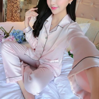 Baju Tidur Baju Santai Wanita Silk Satin Lengan dan Celana Panjang - Merah Muda  