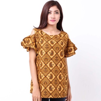 Batik Distro BA7228 Blus Wanita Lengan Layer Potong - Coklat  