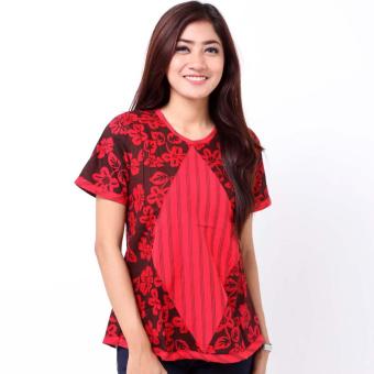 Batik Distro BA7535 Blus Wanita Kombinasi Jahit Lurik - Merah  