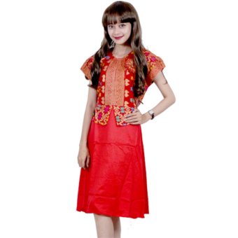 Batik Putri Ayu Solo Batik Dress Pesta Katun prada bali dan velvet Premium D85 merah  