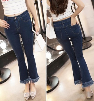 Bigcat new Korean version high waist horns jeans fringed trousers blue jeans - intl  