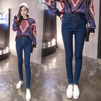 BLUE 2017 Fashion Women's Pencil Jeans High Waist Solid Denim Pants Female Classic Mujer Jeans Women Pants Skinny Jean Feminina - intl  